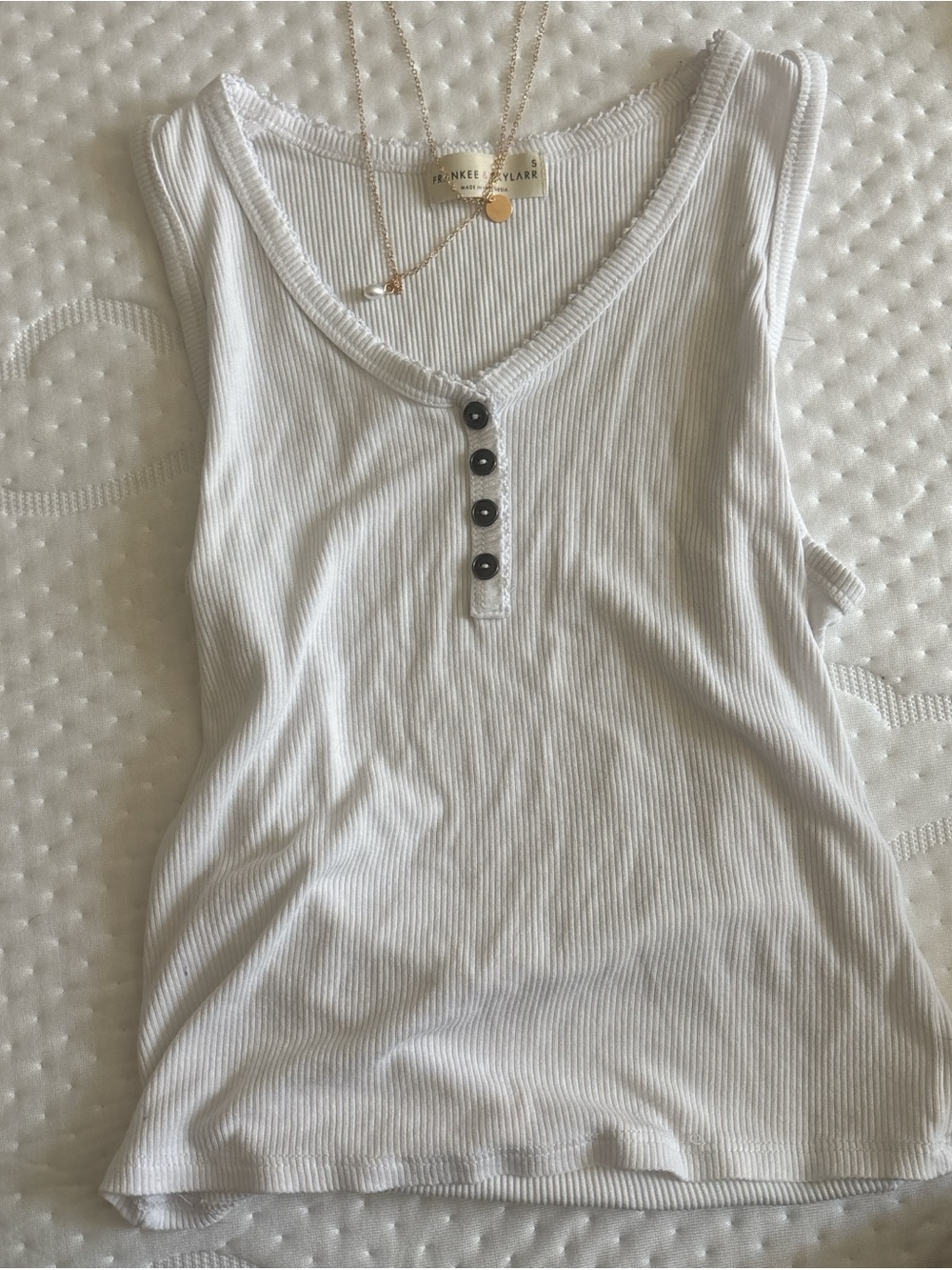 White Ribbed Henley Tank Top